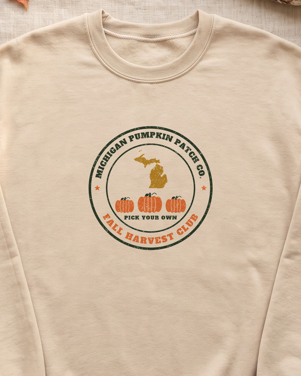 Michigan Pumpkin Patch Co. Badge Crewneck Sweatshirt (close-up)