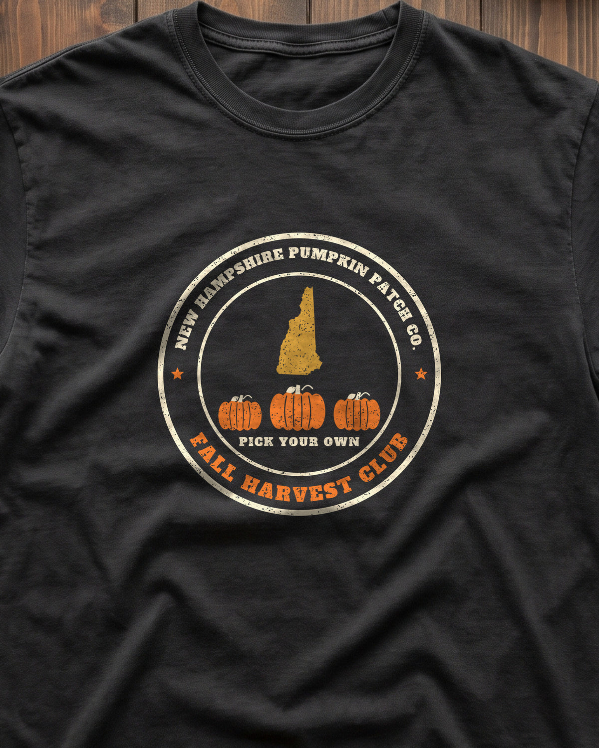 New Hampshire Pumpkin Patch Co. Badge T-Shirt (close-up)