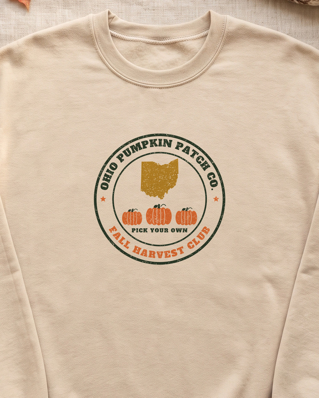 Ohio Pumpkin Patch Co. Badge Crewneck Sweatshirt (close-up)