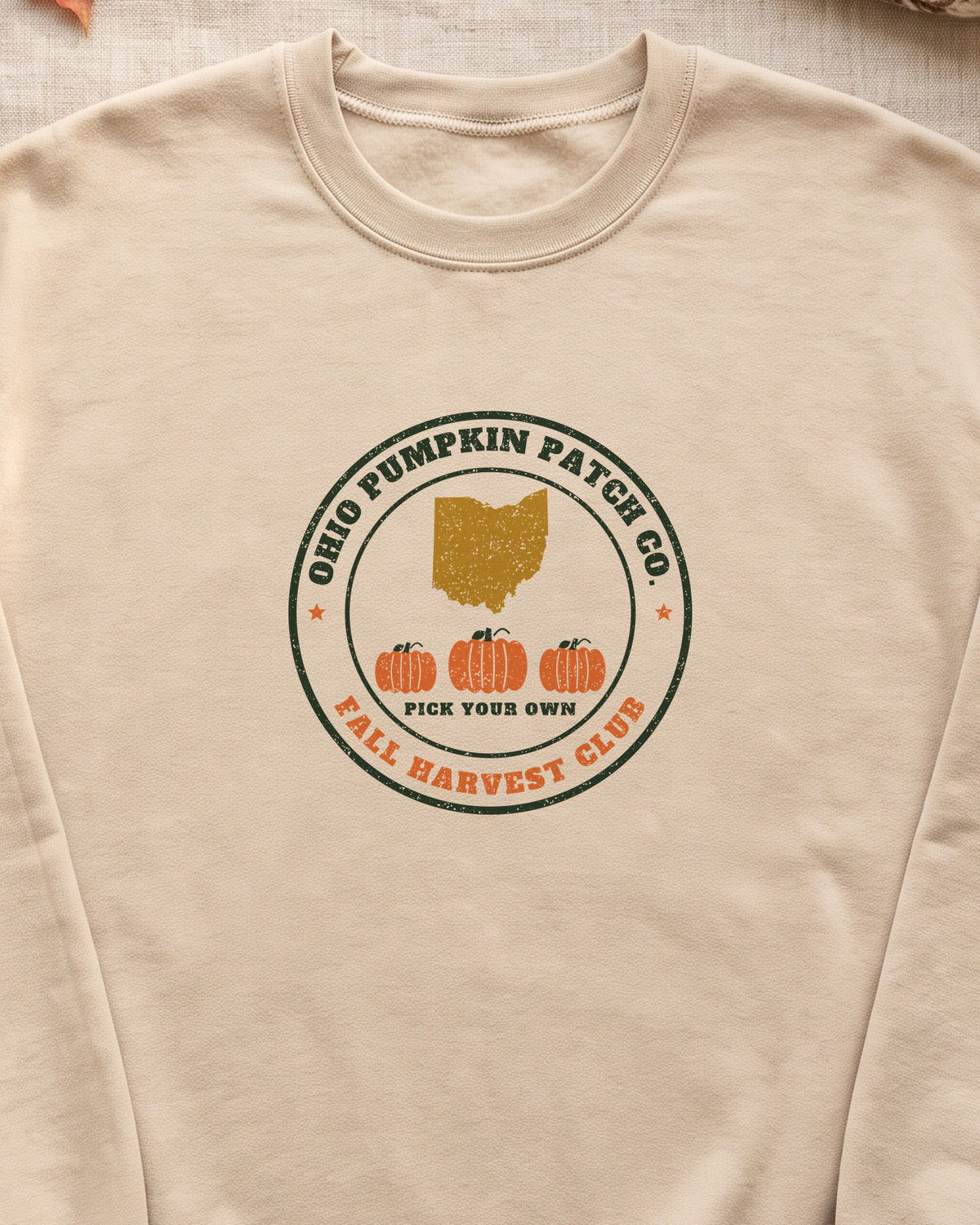 Ohio Pumpkin Patch Co. Badge Crewneck Sweatshirt (close-up)