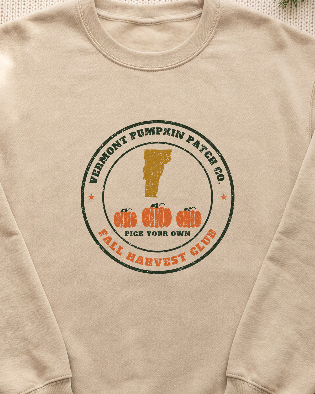 Vermont Pumpkin Patch Co. Badge Crewneck Sweatshirt (close-up)