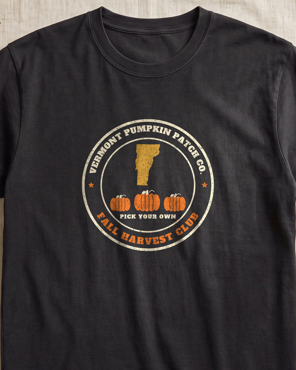 Vermont Pumpkin Patch Co. Badge T-Shirt (close-up)