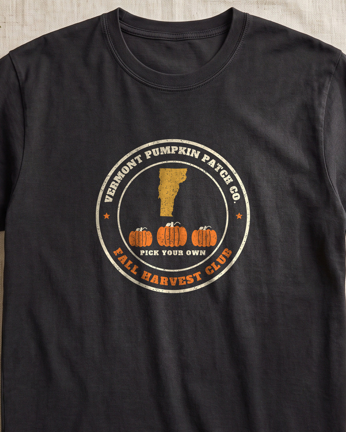 Vermont Pumpkin Patch Co. Badge T-Shirt (close-up)
