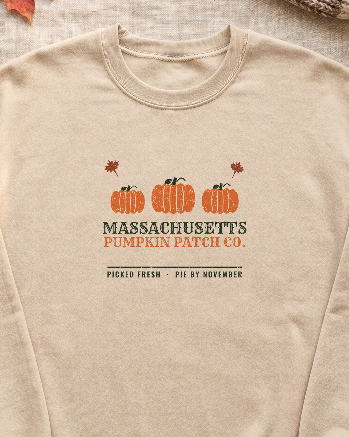 Massachusetts Pumpkin Patch Co. Retro Crewneck Sweatshirt (close-up)