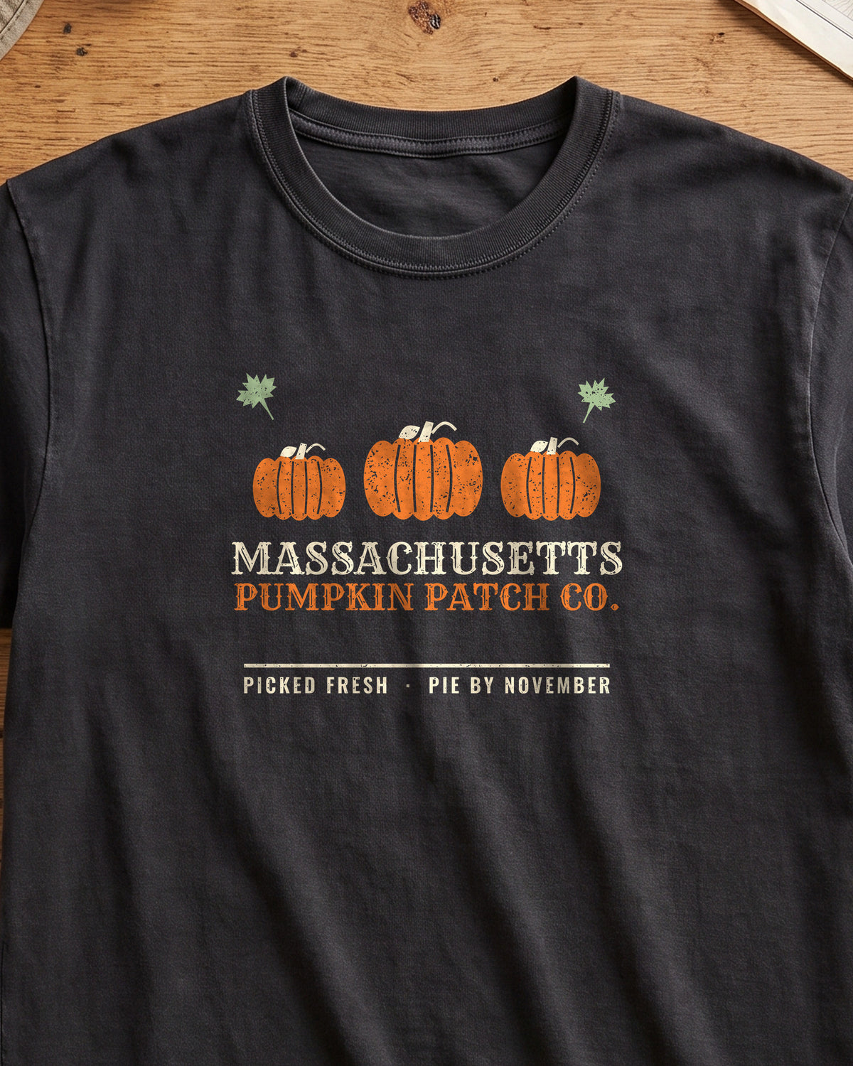 Massachusetts Pumpkin Patch Co. Retro T-Shirt (close-up)