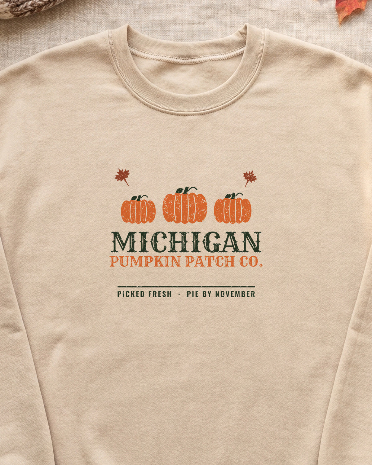 Michigan Pumpkin Patch Co. Retro Crewneck Sweatshirt (close-up)
