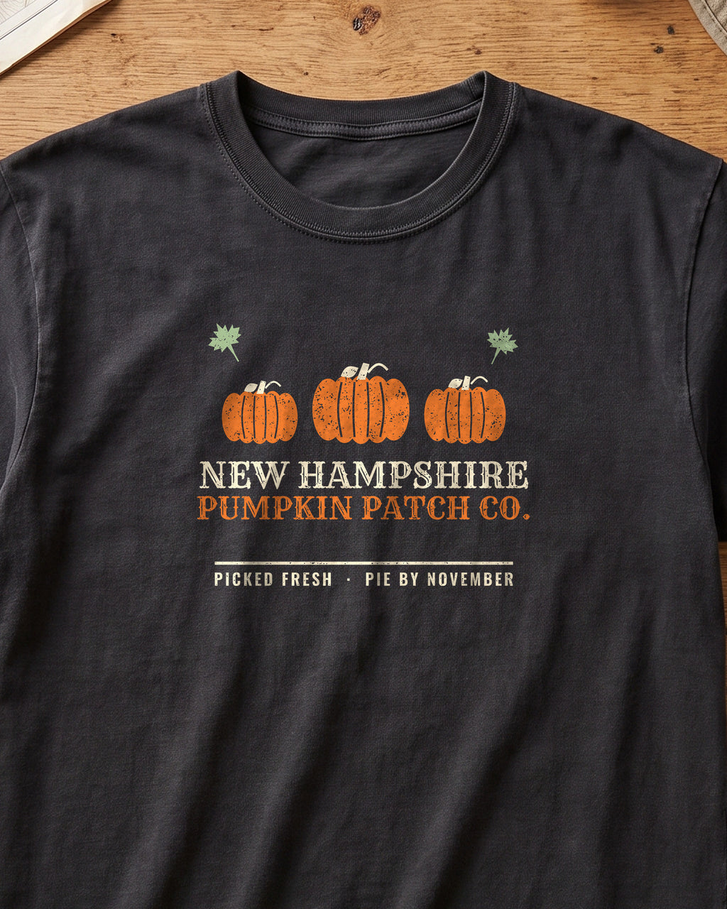 New Hampshire Pumpkin Patch Co. Retro T-Shirt (close-up)