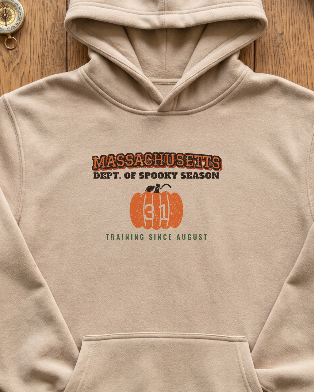 Massachusetts Dept. of Spooky Season Varsity Hoodie (close-up)