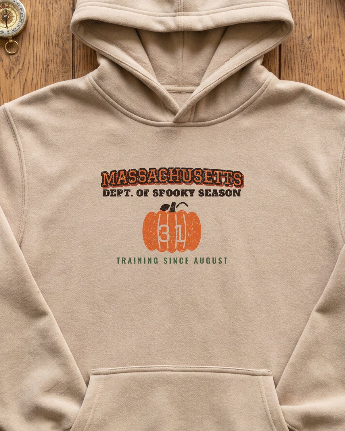 Massachusetts Dept. of Spooky Season Varsity Hoodie (close-up)