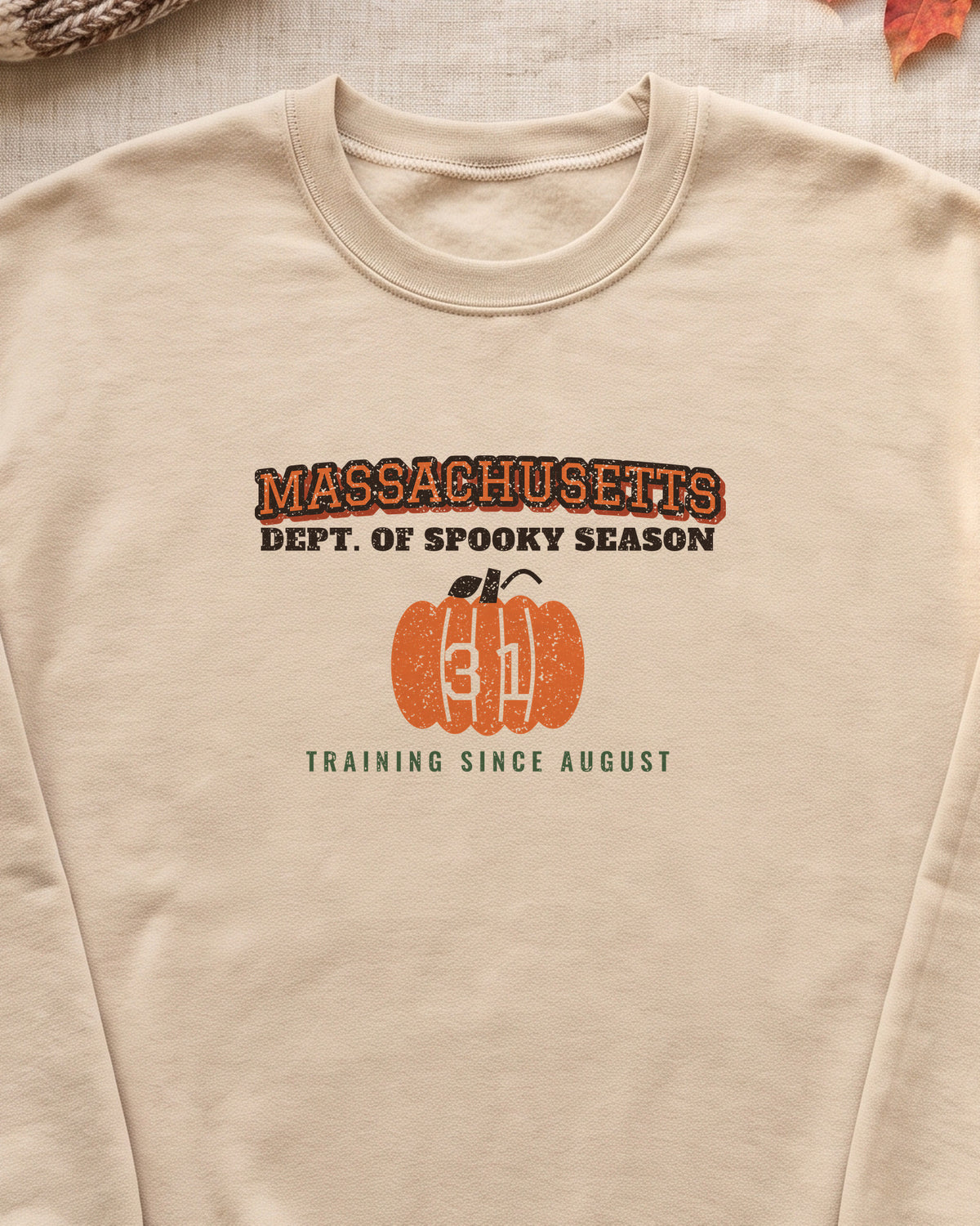 Massachusetts Dept. of Spooky Season Varsity Crewneck Sweatshirt (close-up)