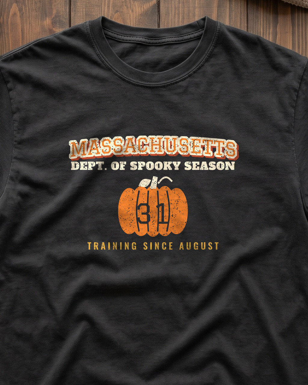 Massachusetts Dept. of Spooky Season Varsity T-Shirt (close-up)