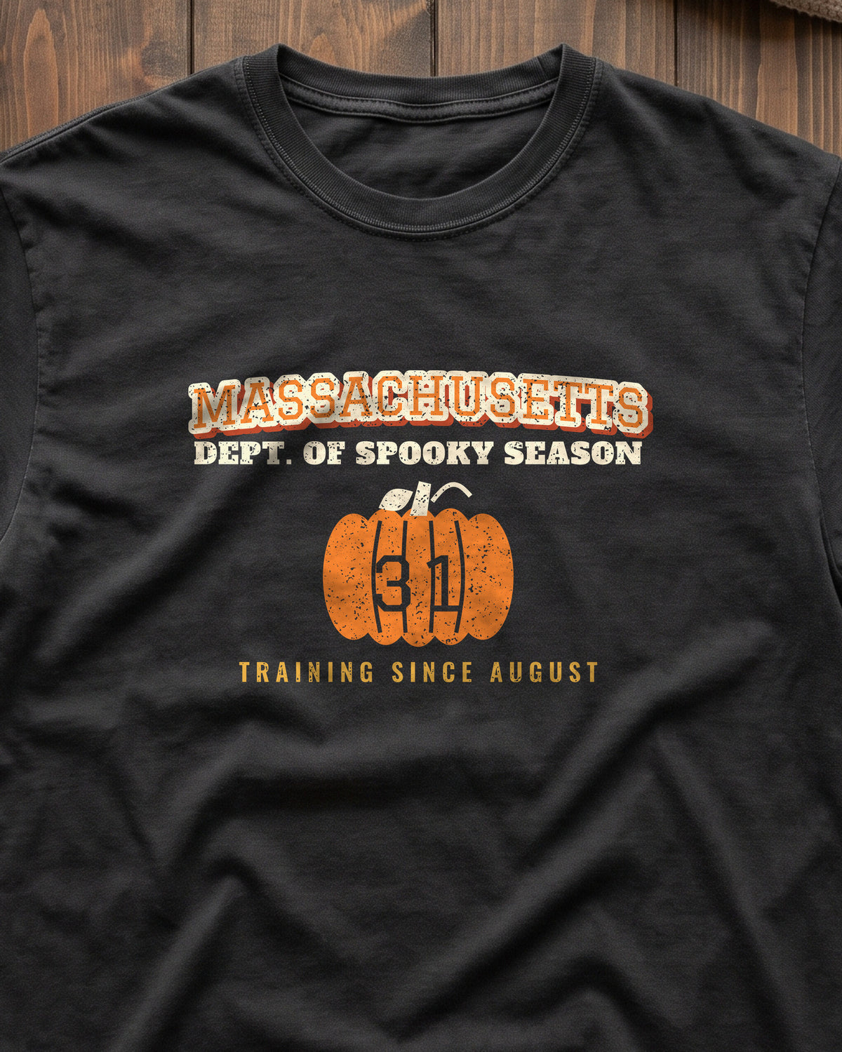 Massachusetts Dept. of Spooky Season Varsity T-Shirt (close-up)