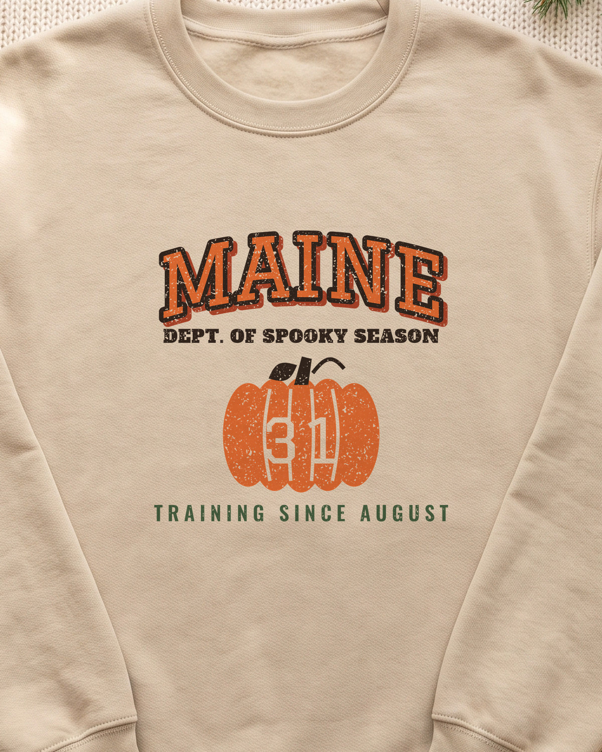 Maine Dept. of Spooky Season Varsity Crewneck Sweatshirt (close-up)