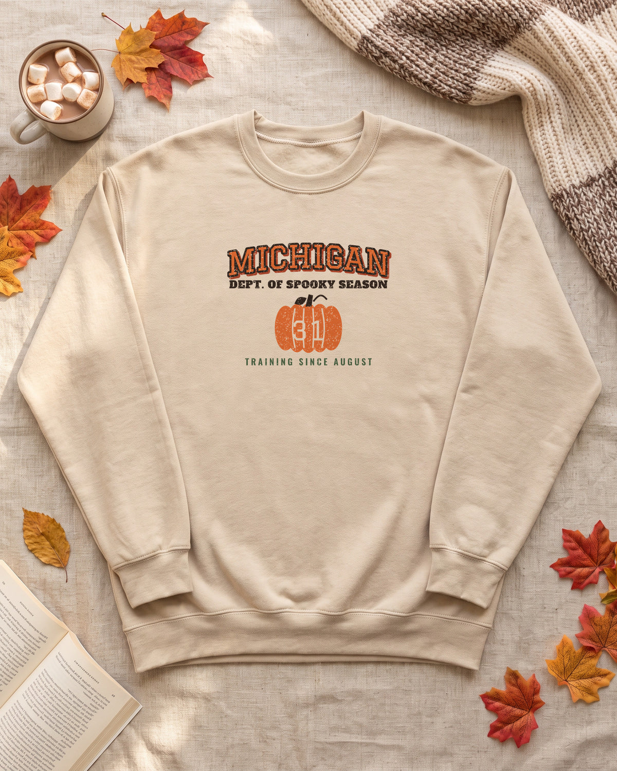 Michigan Dept. of Spooky Season Varsity Crewneck Sweatshirt (photo)