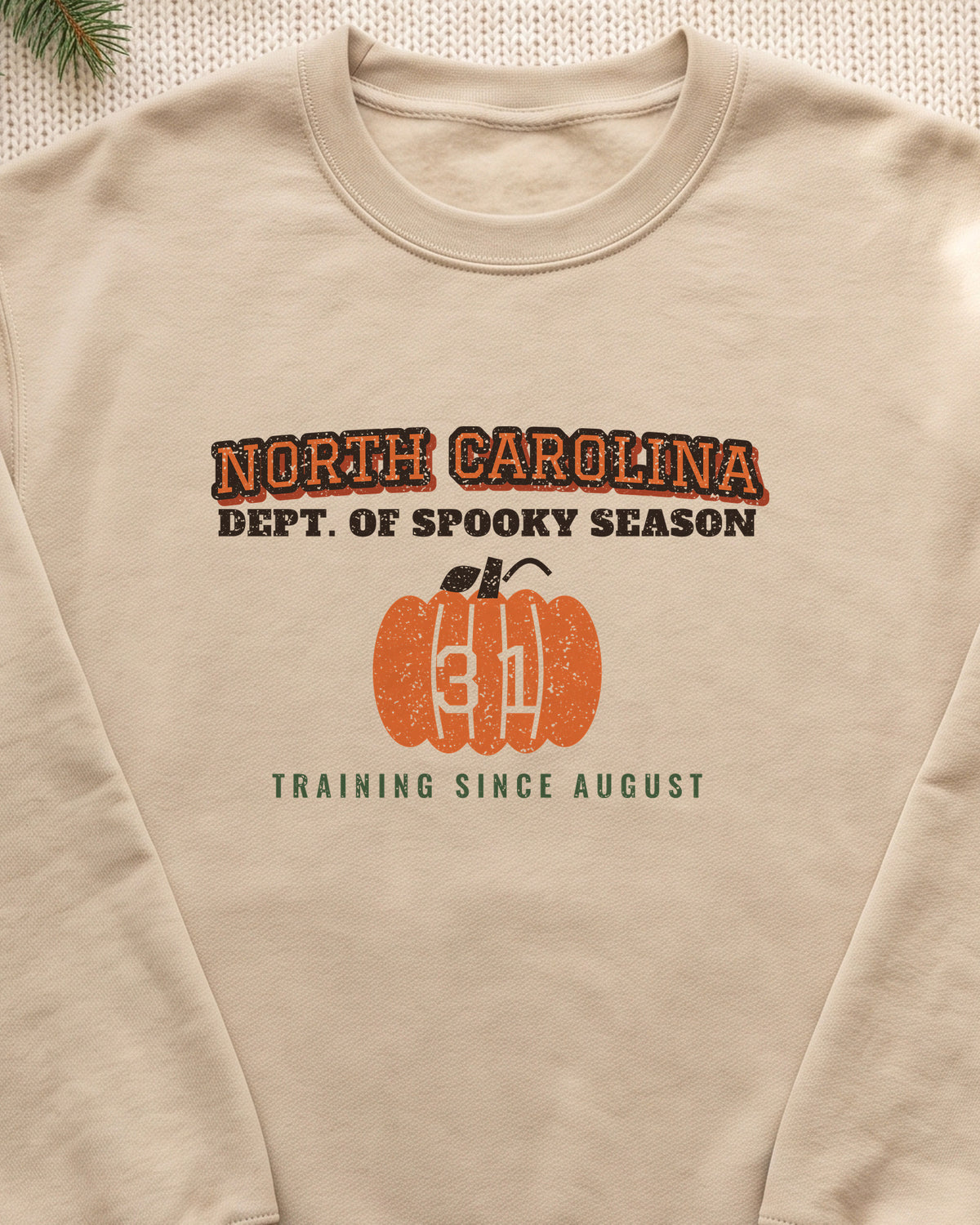 North Carolina Dept. of Spooky Season Varsity Crewneck Sweatshirt (close-up)