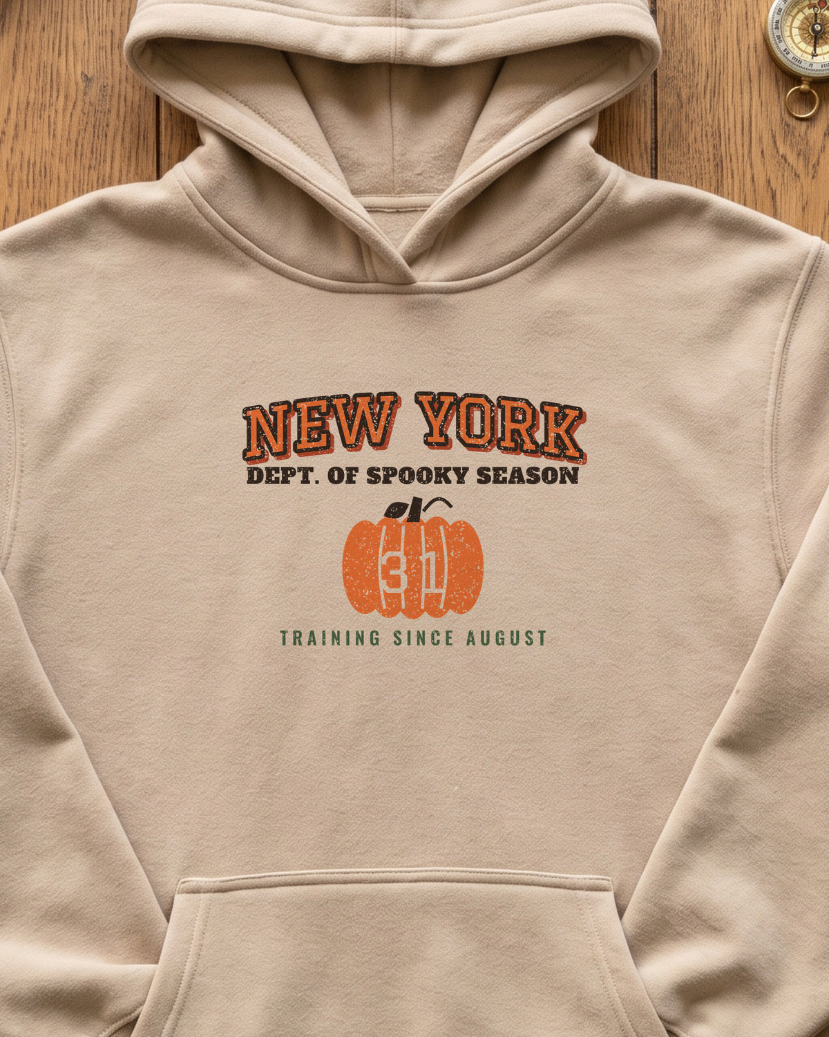 New York Dept. of Spooky Season Varsity Hoodie (close-up)