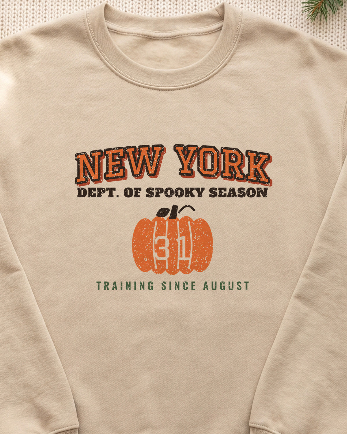 New York Dept. of Spooky Season Varsity Crewneck Sweatshirt (close-up)