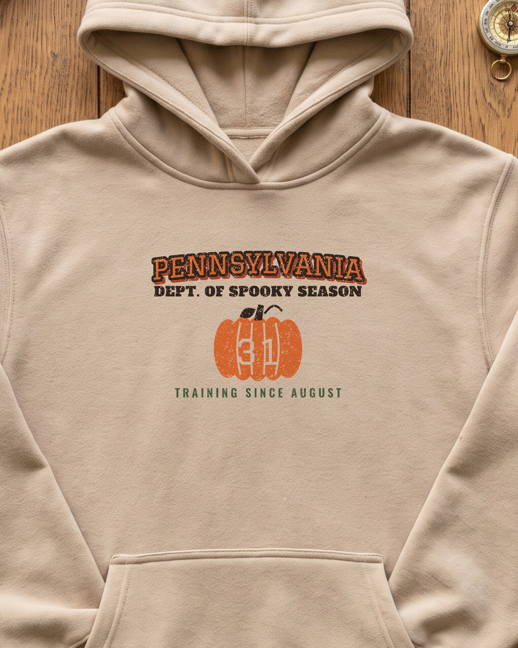 Pennsylvania Dept. of Spooky Season Varsity Hoodie (close-up)