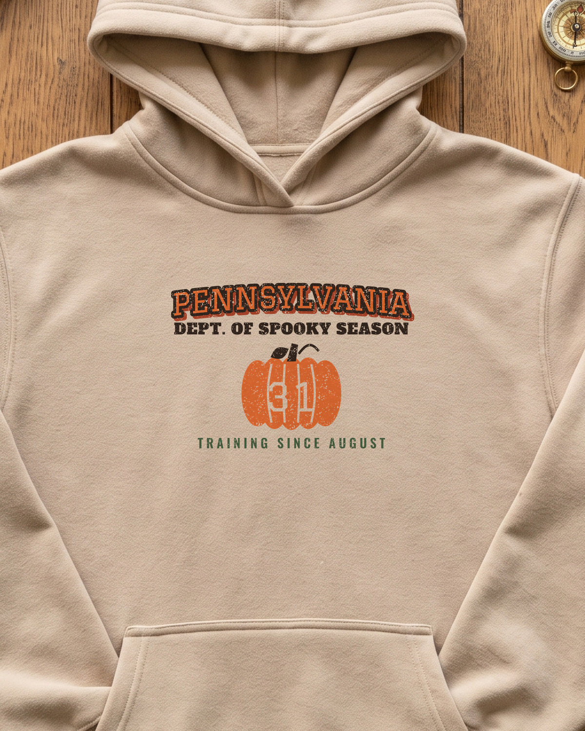 Pennsylvania Dept. of Spooky Season Varsity Hoodie (close-up)
