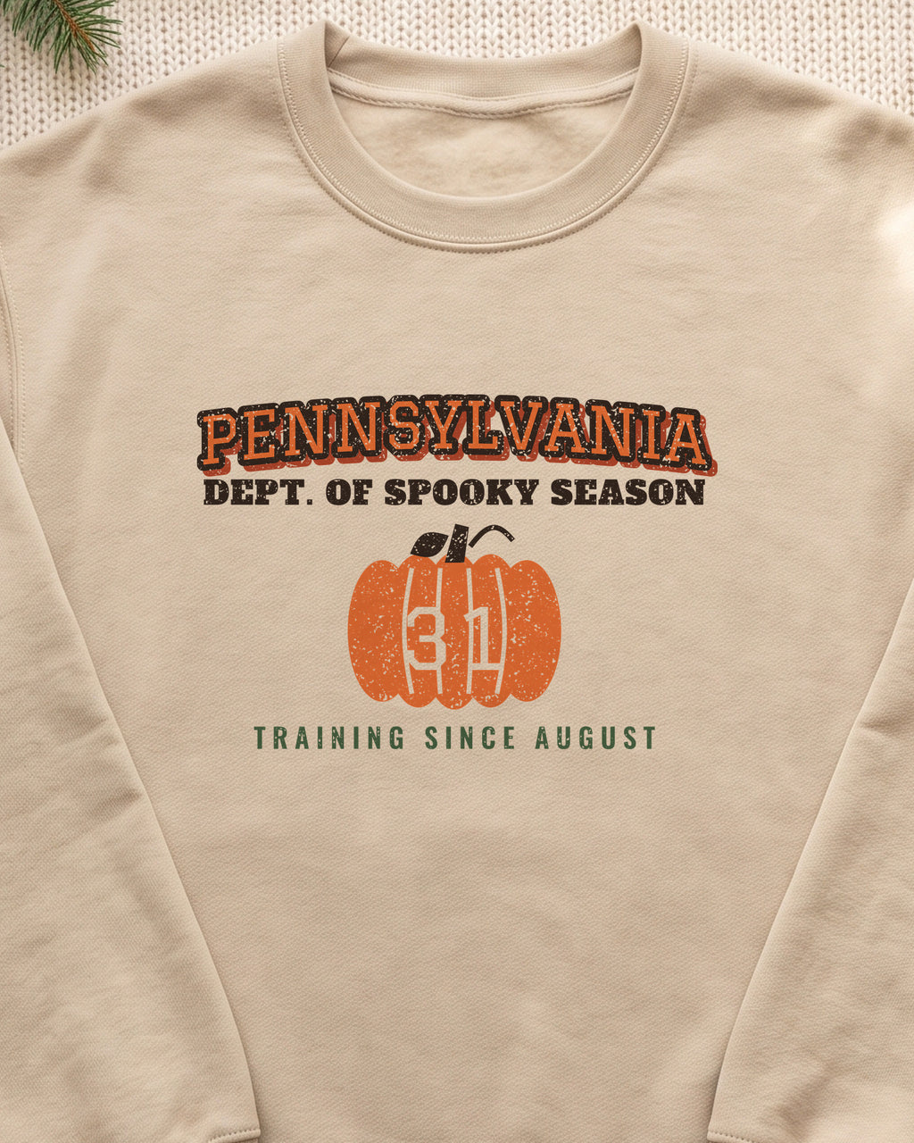 Pennsylvania Dept. of Spooky Season Varsity Crewneck Sweatshirt (close-up)