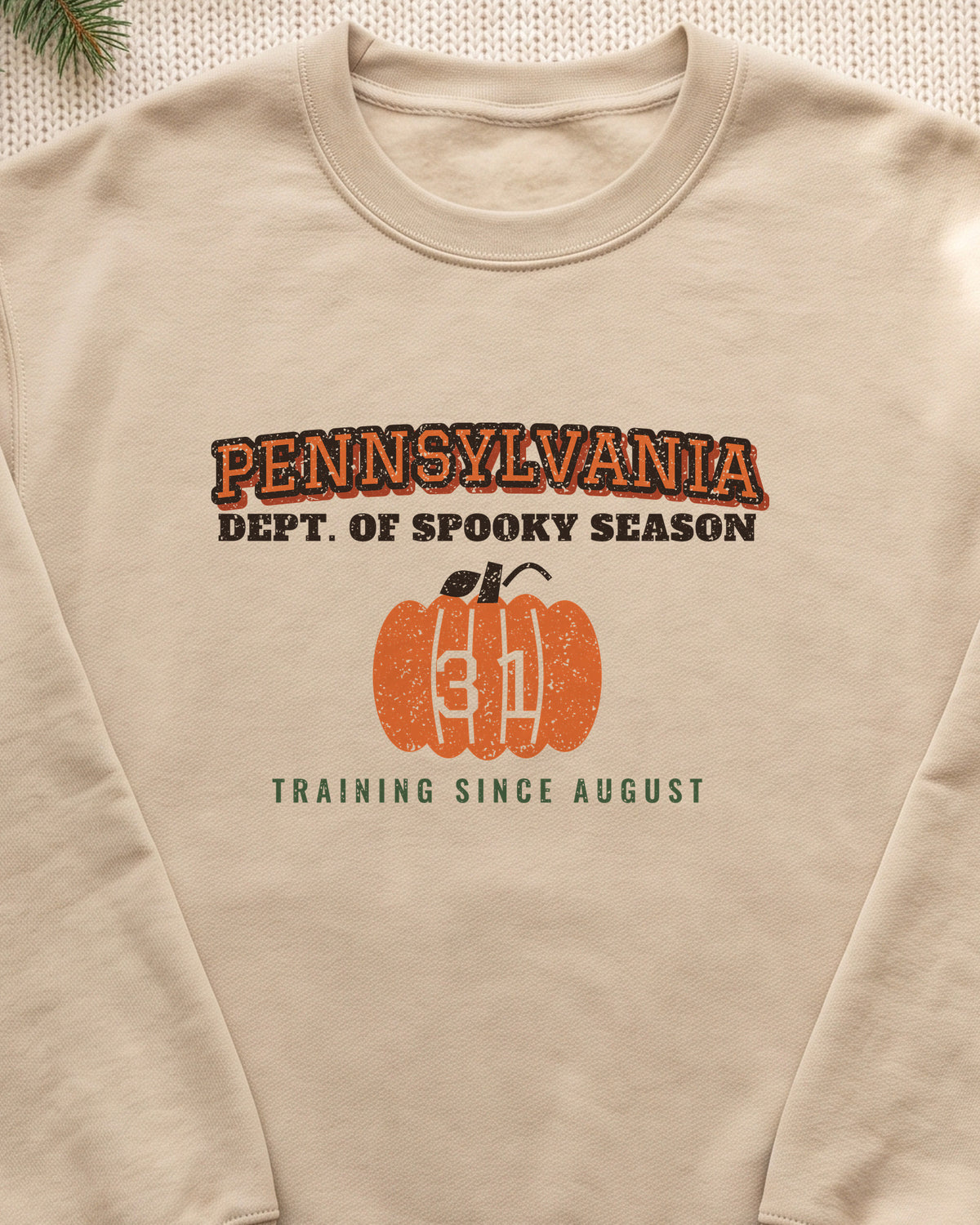 Pennsylvania Dept. of Spooky Season Varsity Crewneck Sweatshirt (close-up)