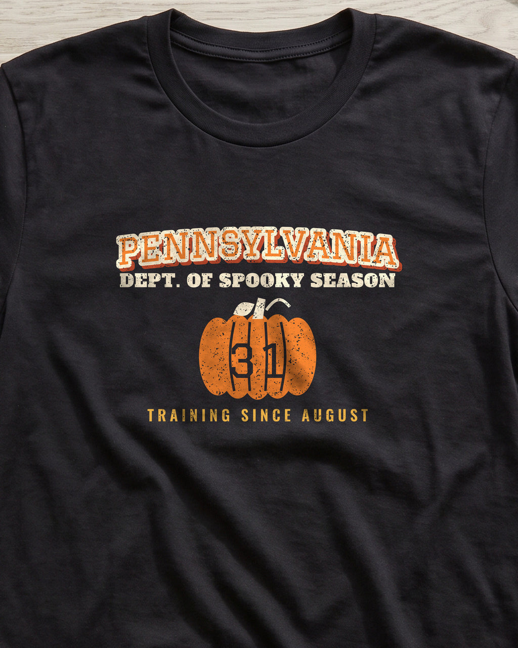 Pennsylvania Dept. of Spooky Season Varsity T-Shirt (close-up)