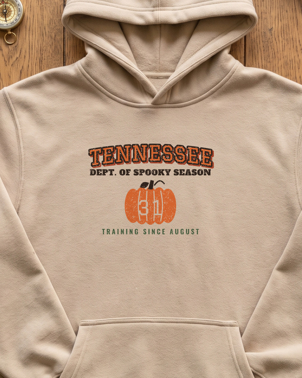 Tennessee Dept. of Spooky Season Varsity Hoodie (close-up)