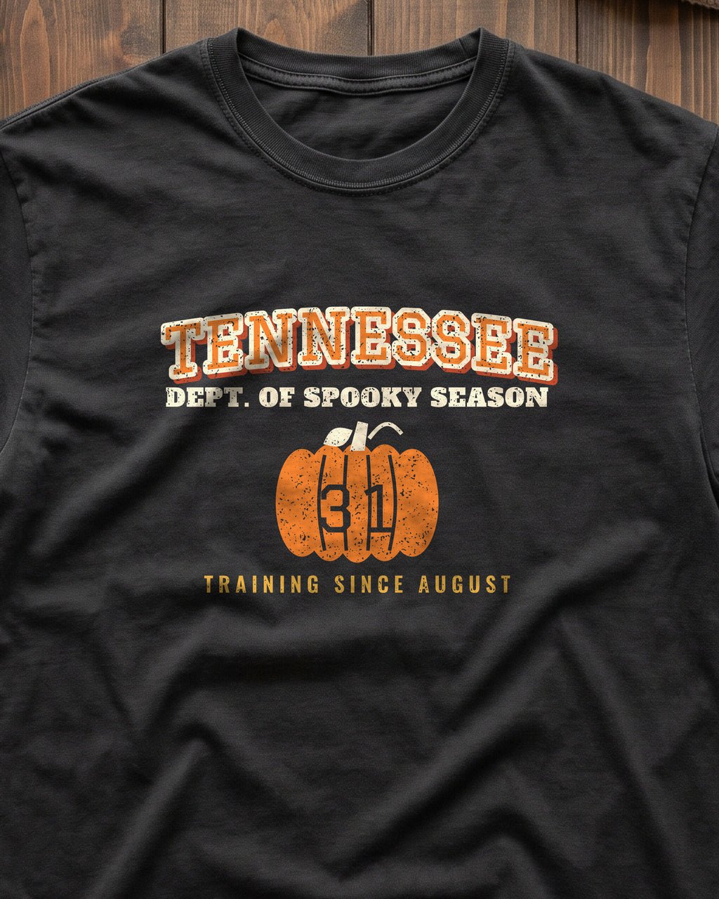 Tennessee Dept. of Spooky Season Varsity T-Shirt (close-up)