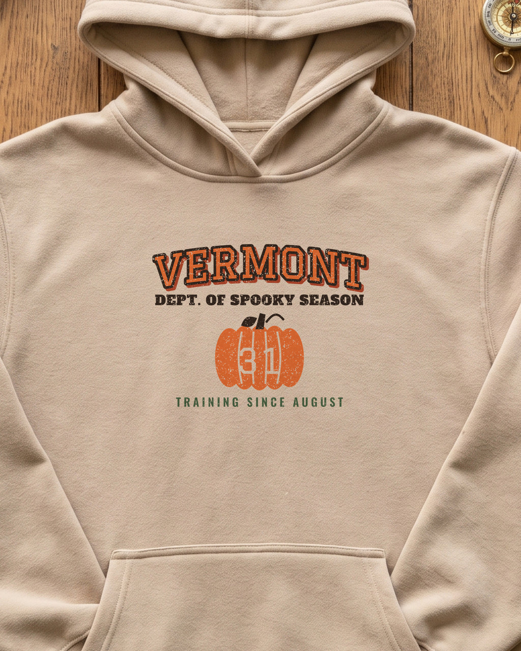 Vermont Dept. of Spooky Season Varsity Hoodie (close-up)