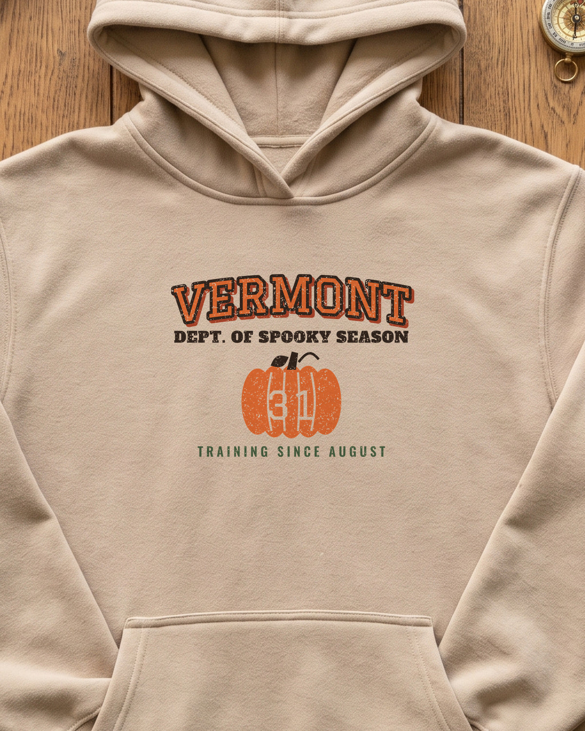 Vermont Dept. of Spooky Season Varsity Hoodie (close-up)