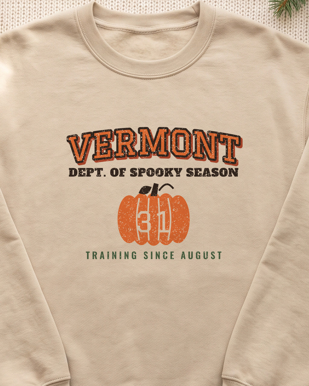 Vermont Dept. of Spooky Season Varsity Crewneck Sweatshirt (close-up)