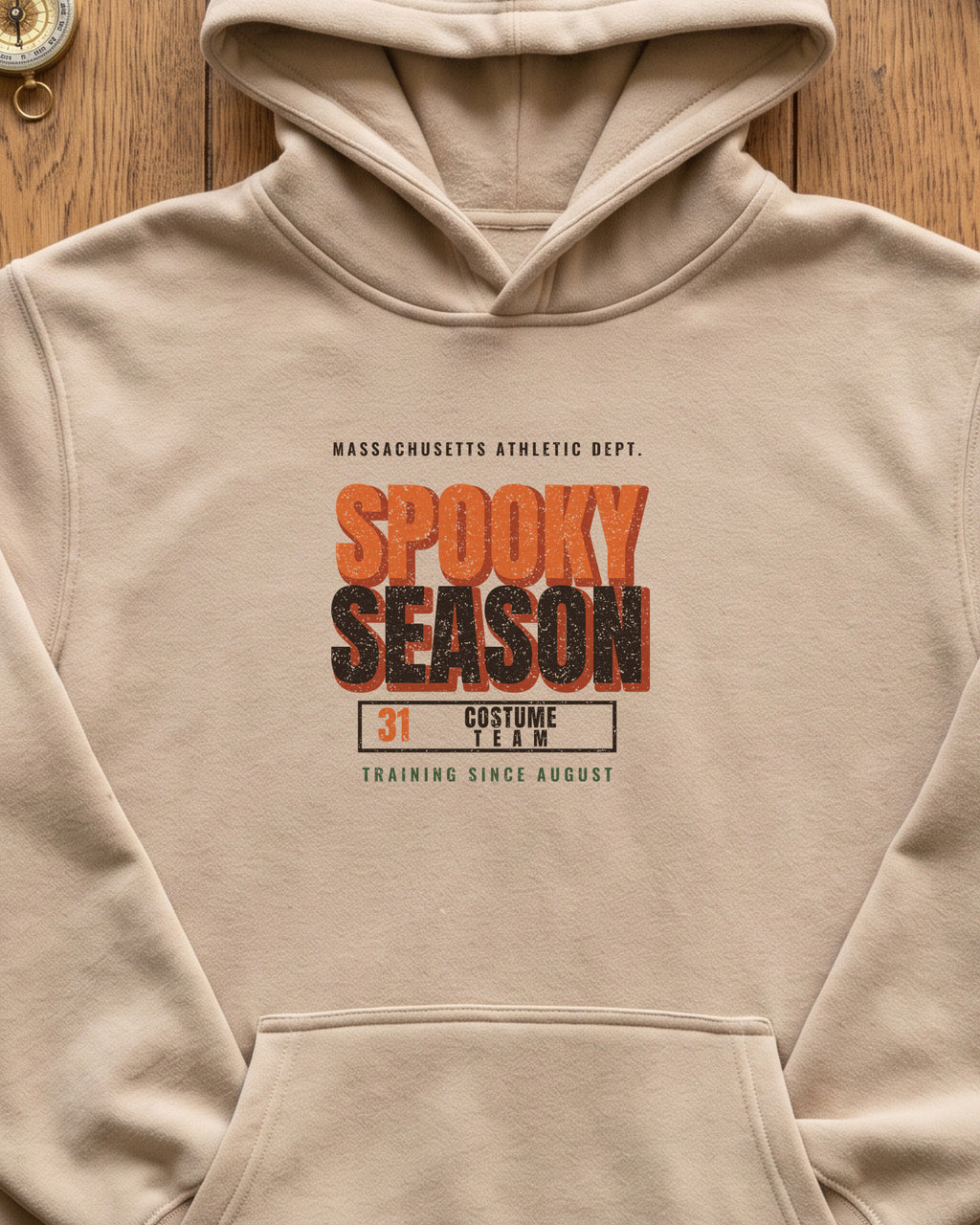 Massachusetts Spooky Season Athletic Dept. Hoodie (close-up)