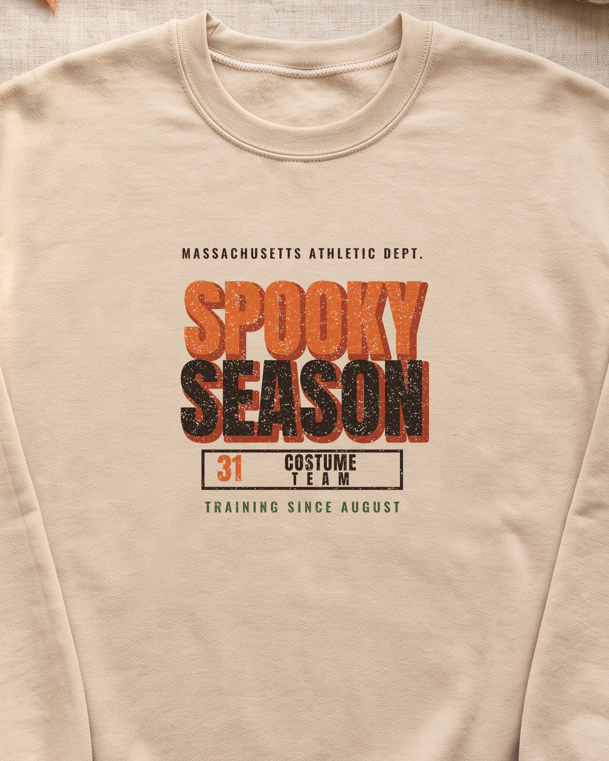 Massachusetts Spooky Season Athletic Dept. Crewneck Sweatshirt (close-up)