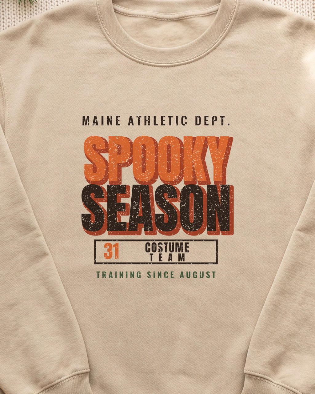 Maine Spooky Season Athletic Dept. Crewneck Sweatshirt (close-up)