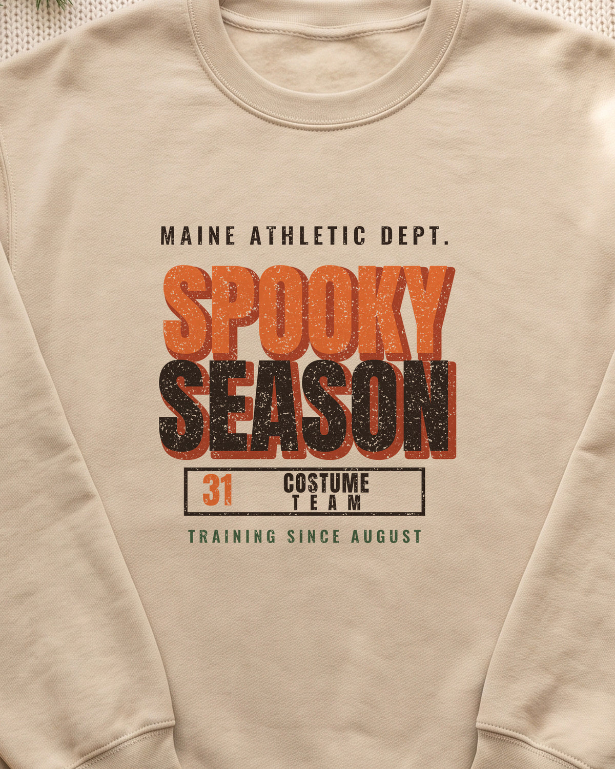 Maine Spooky Season Athletic Dept. Crewneck Sweatshirt (close-up)