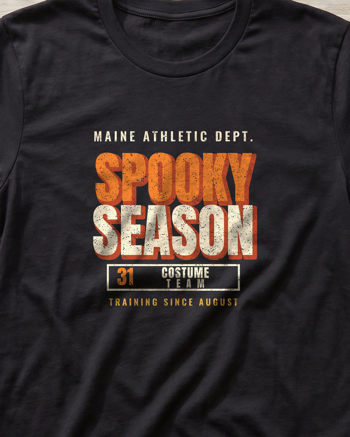 Maine Spooky Season Athletic Dept. T-Shirt (close-up)