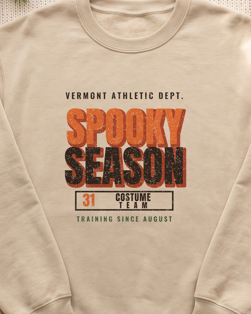 Vermont Spooky Season Athletic Dept. Crewneck Sweatshirt (close-up)