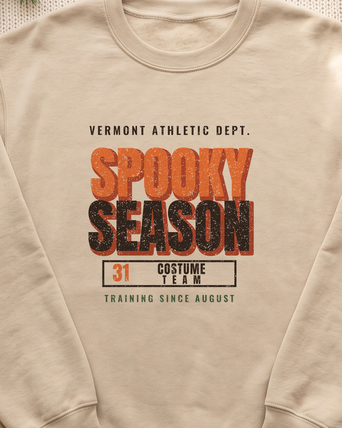 Vermont Spooky Season Athletic Dept. Crewneck Sweatshirt (close-up)