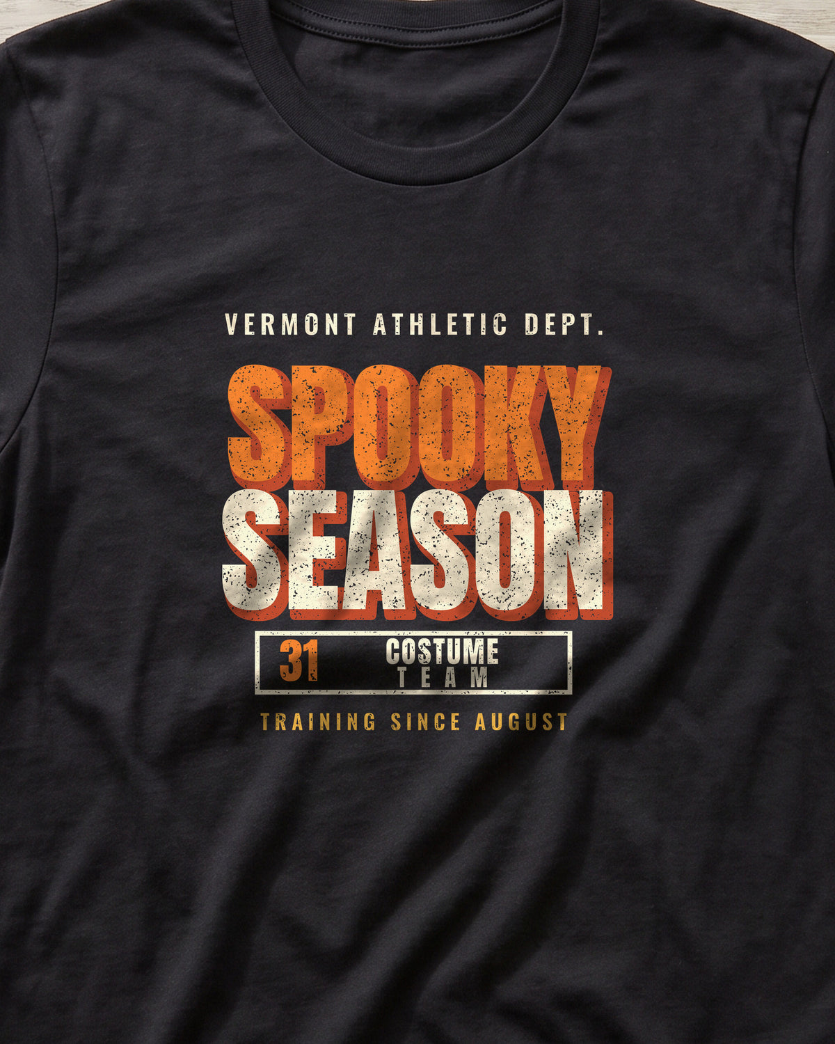 Vermont Spooky Season Athletic Dept. T-Shirt (close-up)