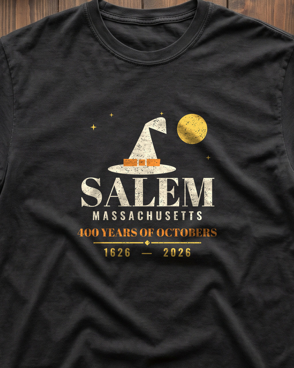 Salem Massachusetts 400 Years Witch Hat T-Shirt (close-up)