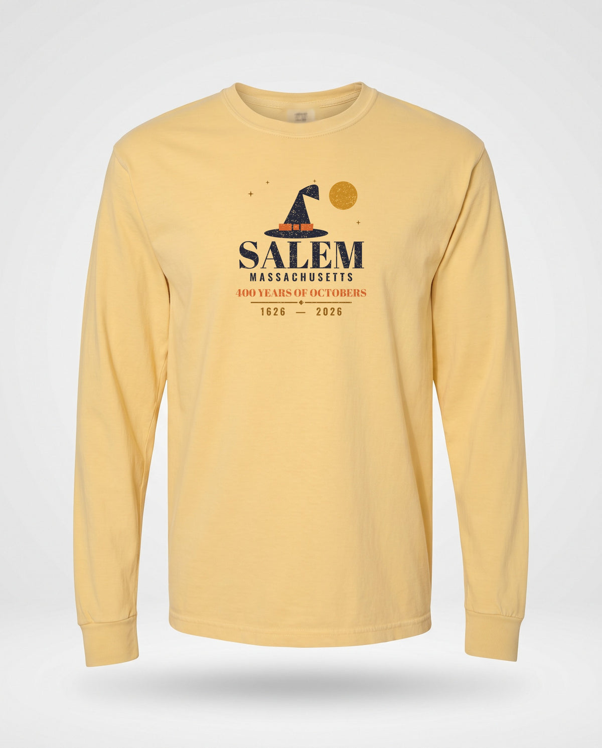 Salem Massachusetts 400 Years Witch Hat Long Sleeve Tee — Butter (mockup)