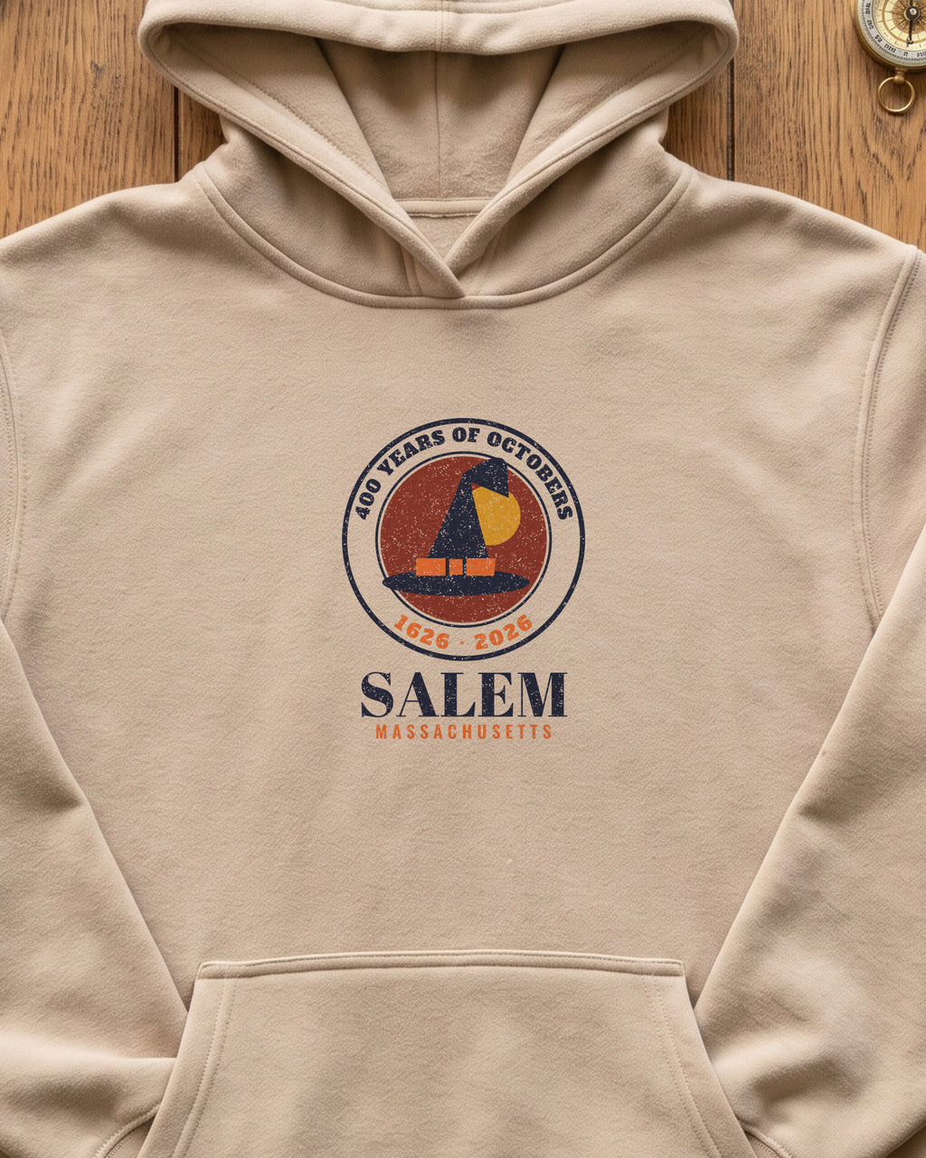 Salem 400 Years 1626-2026 Seal Hoodie (close-up)