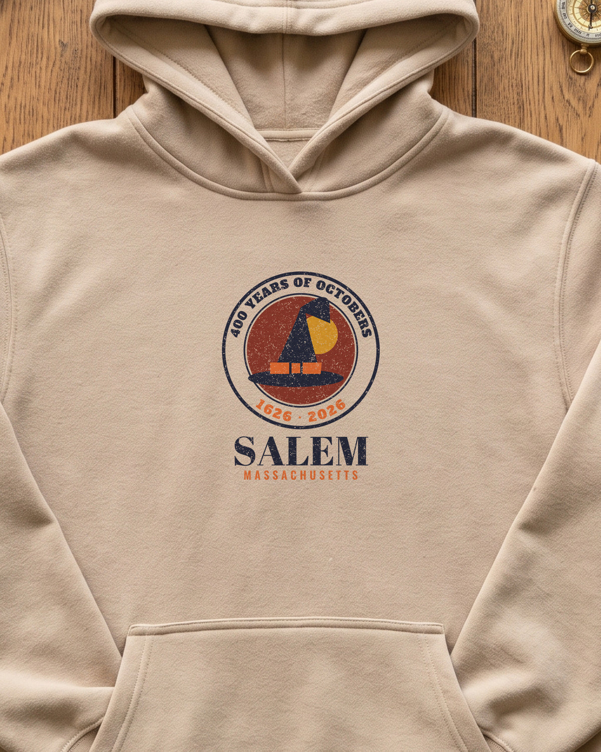 Salem 400 Years 1626-2026 Seal Hoodie (close-up)