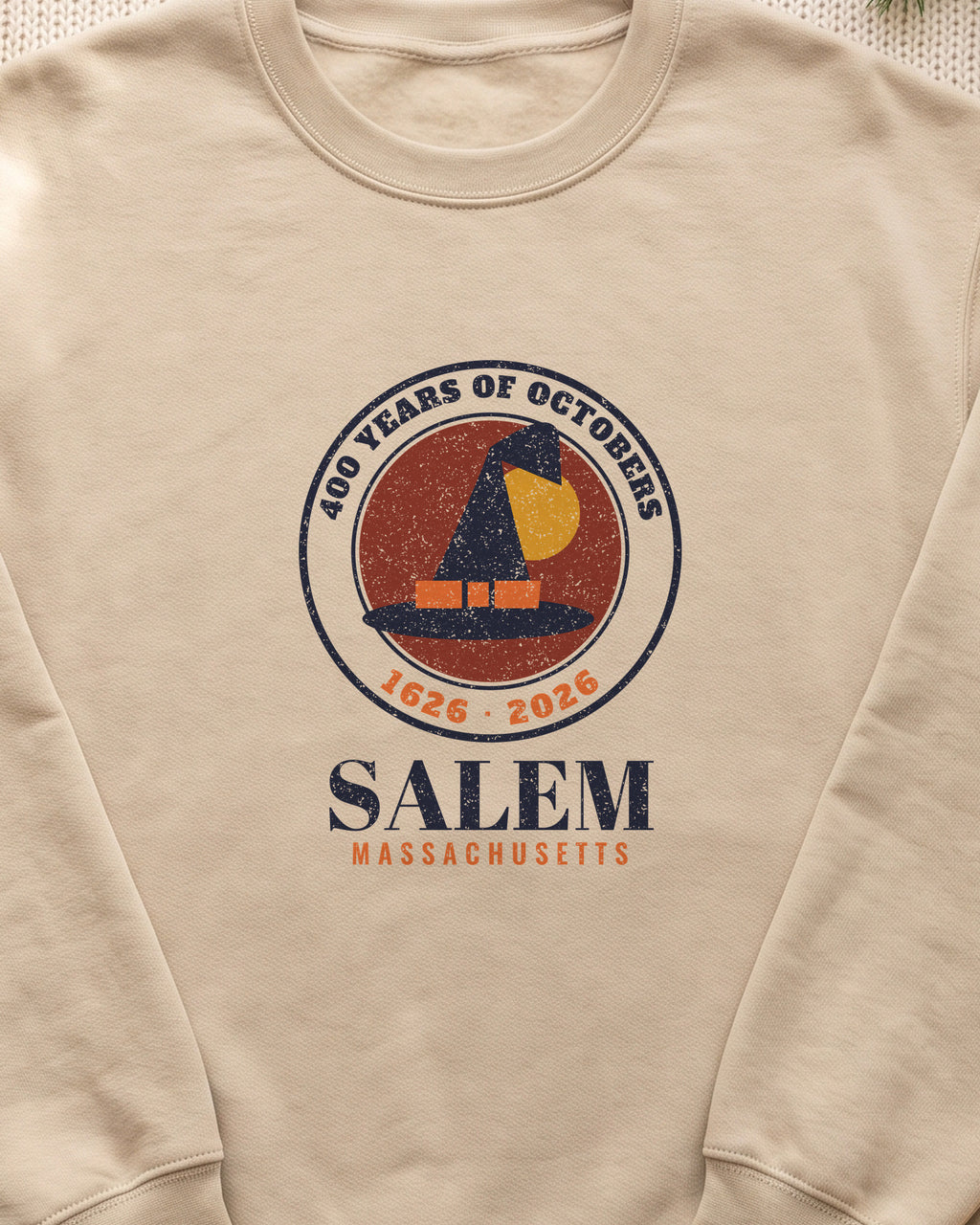 Salem 400 Years 1626-2026 Seal Crewneck Sweatshirt (close-up)