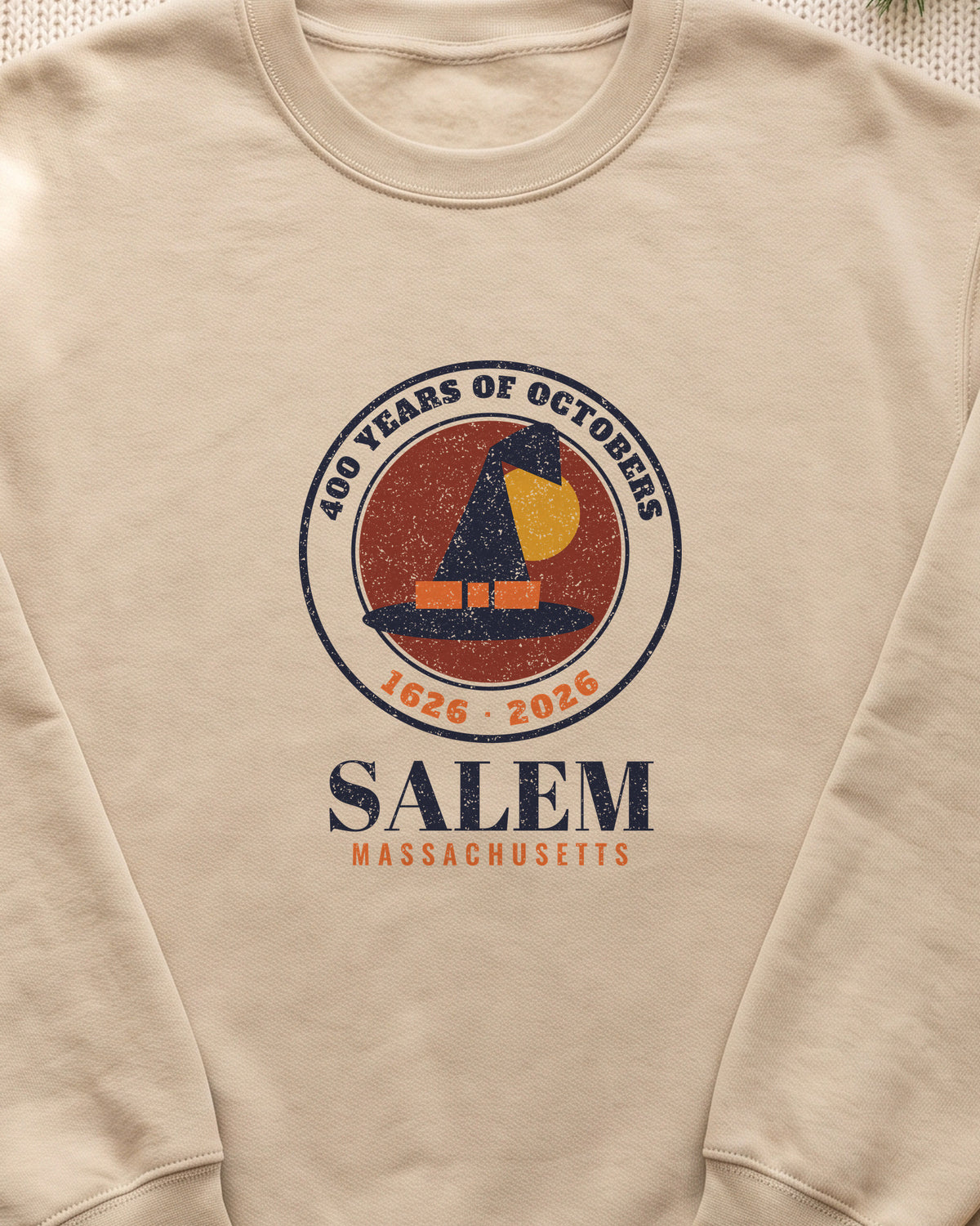 Salem 400 Years 1626-2026 Seal Crewneck Sweatshirt (close-up)