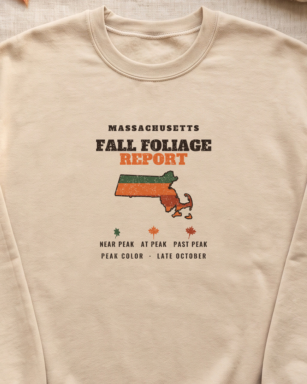 Massachusetts Fall Foliage Report Map Crewneck Sweatshirt (close-up)