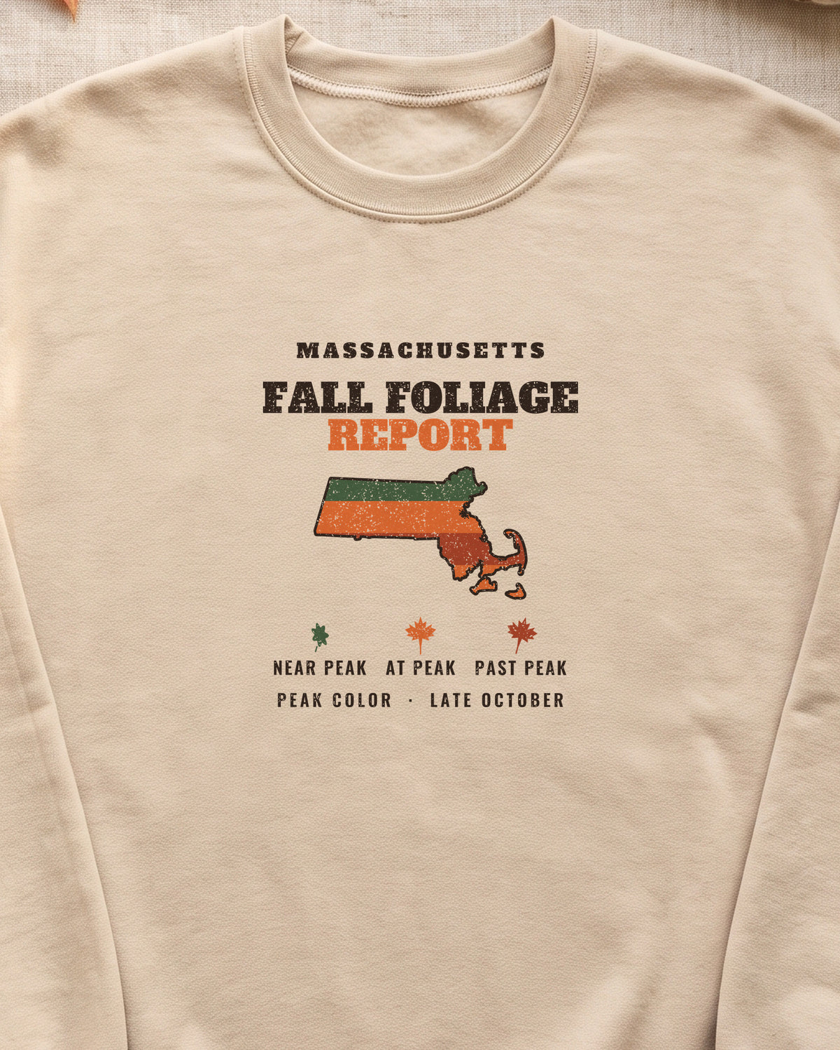 Massachusetts Fall Foliage Report Map Crewneck Sweatshirt (close-up)