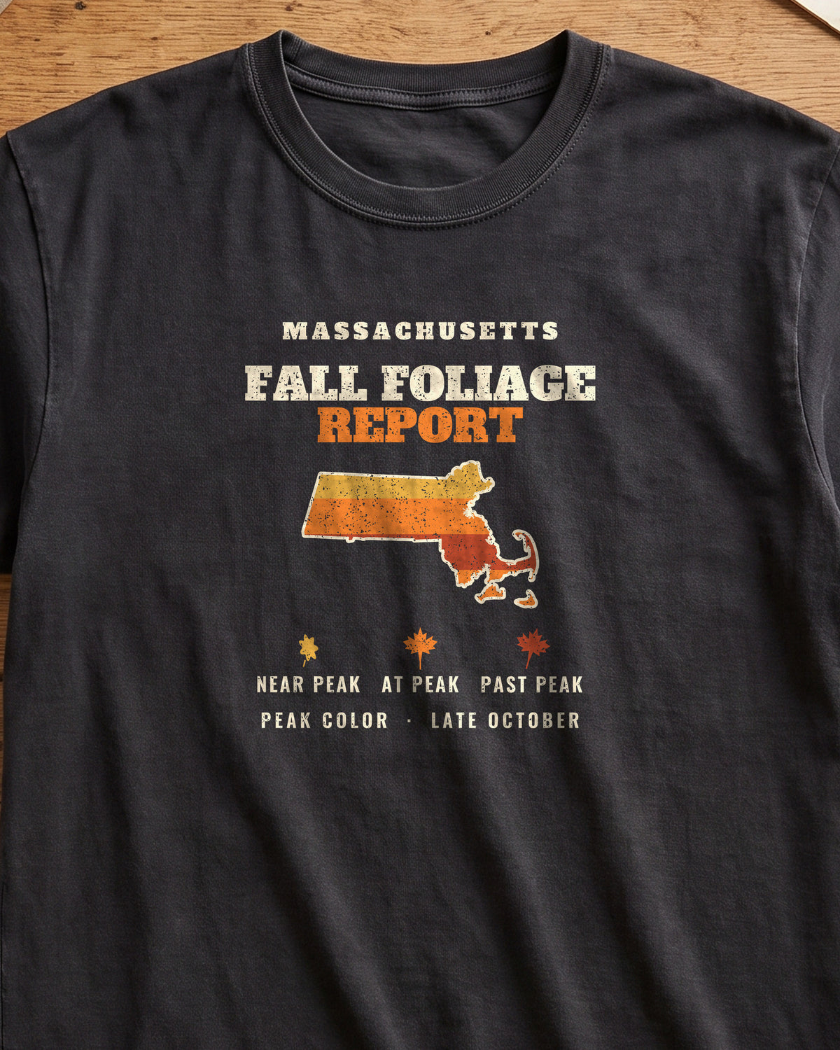 Massachusetts Fall Foliage Report Map T-Shirt (close-up)