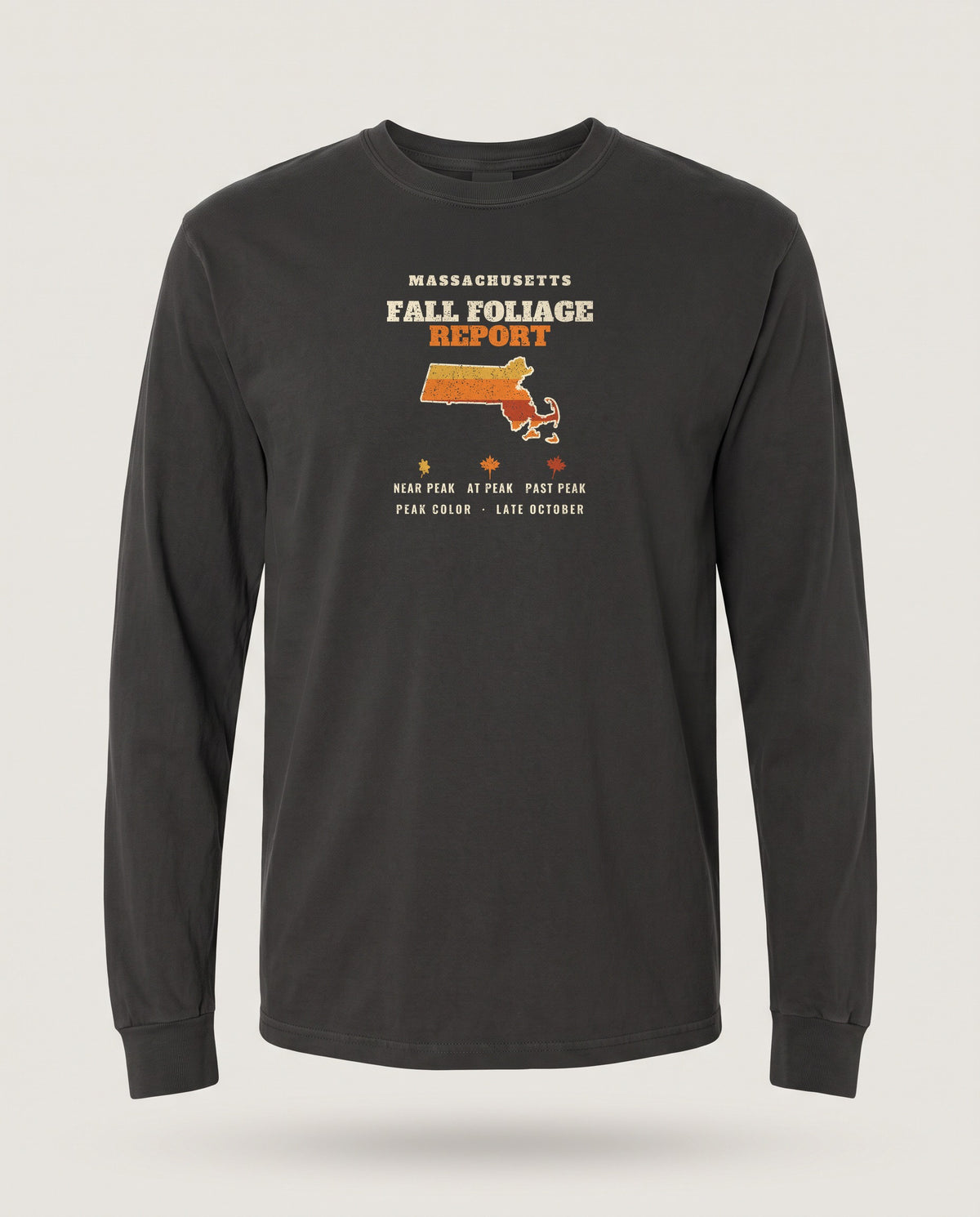 Massachusetts Fall Foliage Report Map Long Sleeve Tee — Black (mockup)