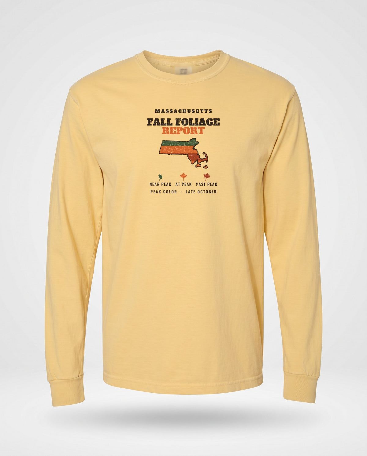 Massachusetts Fall Foliage Report Map Long Sleeve Tee — Butter (mockup)